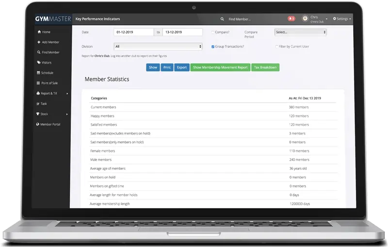 gymmaster club management software kpi report on laptop