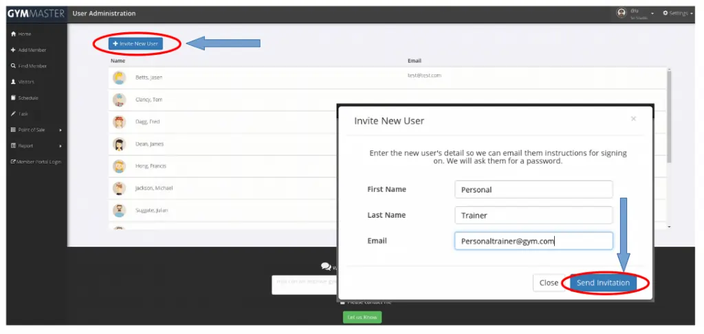 GymMaster Send Invitation Screenshot
