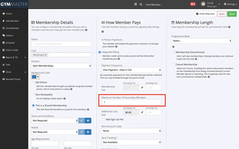 gymmaster shared family memberships - creating membership limit