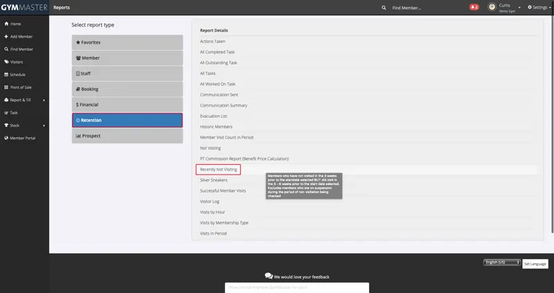 how to find the not visiting report in gymmaster